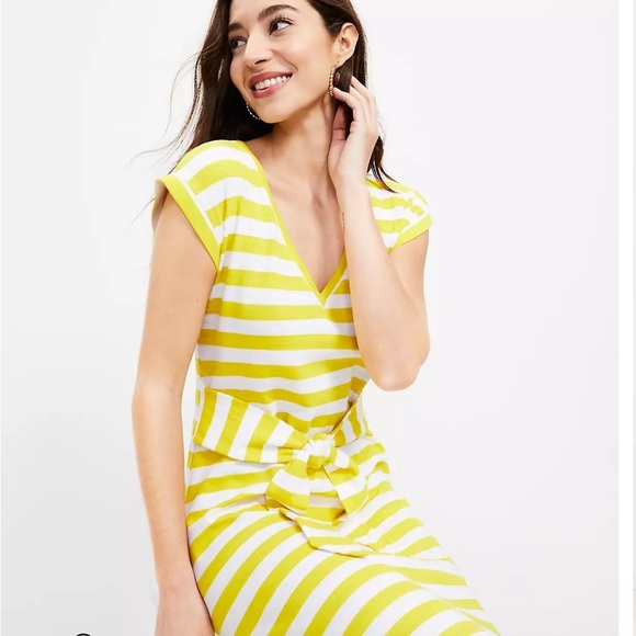 LOFT Striped Tie Waist V-Neck Yellow Midi Dress Size XS - Picture 2 of 12